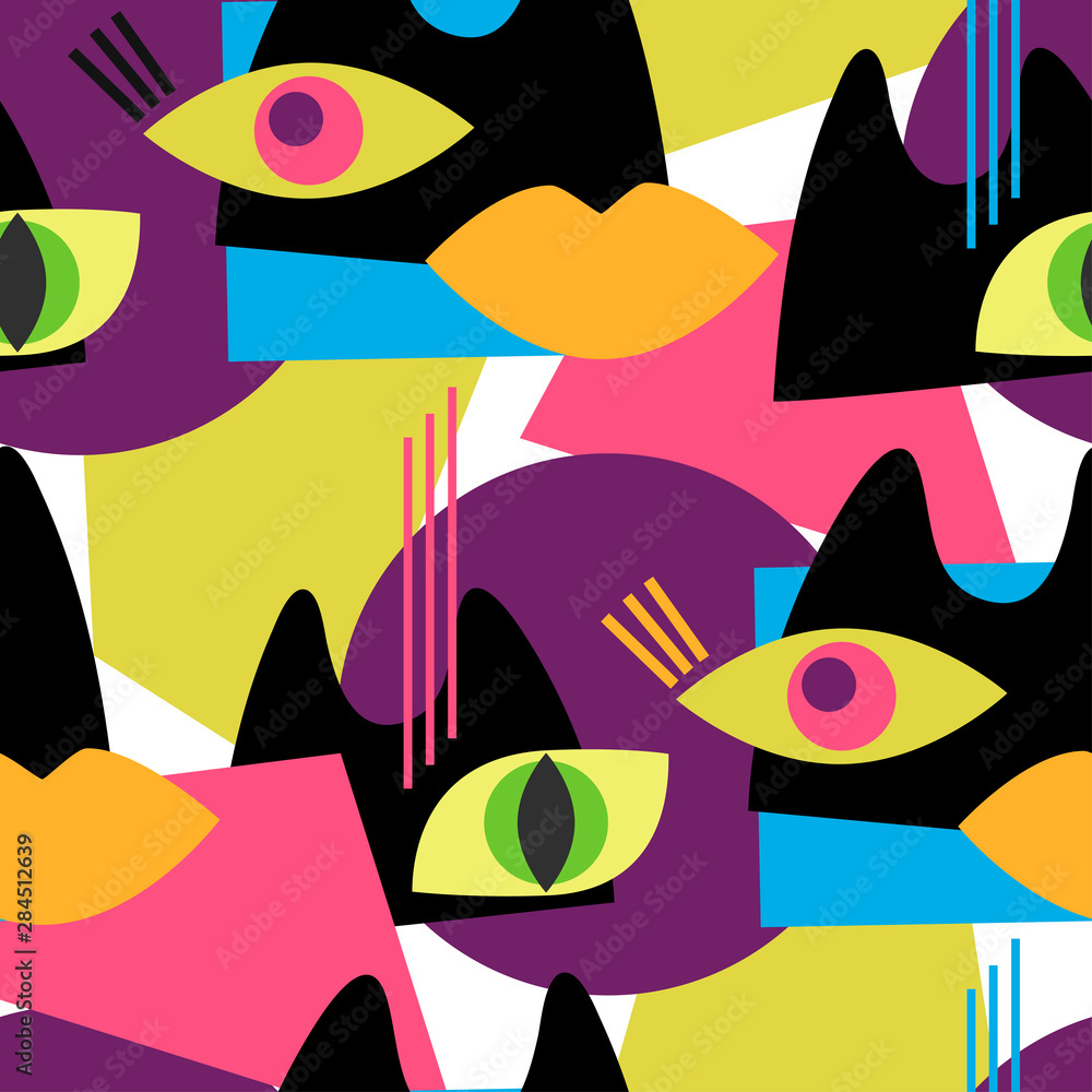 Seamless abstract vector pattern with abstract shapes of cats and eyes ...
