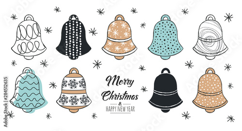 Set of hand drawn christmas bell. Decoration isolated elements . Doodles and sketches vector illustration