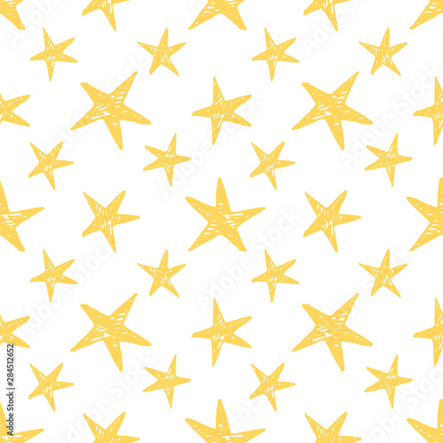 Hand drawing stars on white background seamless pattern. Design for textile, fabric, greeting card, wallpaper.