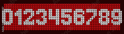 Christmas knitted numbers on a red background. Knitted latin numbers. Vector illustration