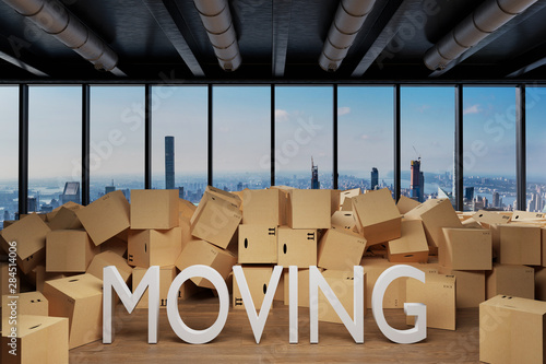 large industrial urban warehouse with large pile of cardboard moving boxes in front of Skyline, moving 3D Illustration