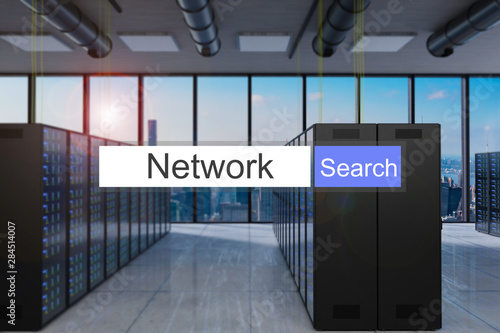 network in blue search bar large modern server room skyline view, 3D Illustration