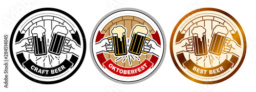 Hands clinking of beer mugs with frothy ale. Banner heraldic ribbon with title Oktoberfest, Best, Craft Beer. Vector illustrations of round sticker, emblem, beer mat coaster, icon in flat line style.