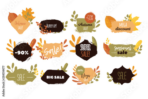 Fototapeta Naklejka Na Ścianę i Meble -  Autumn sale label vector banner. Fall offer, price tag with leaves
