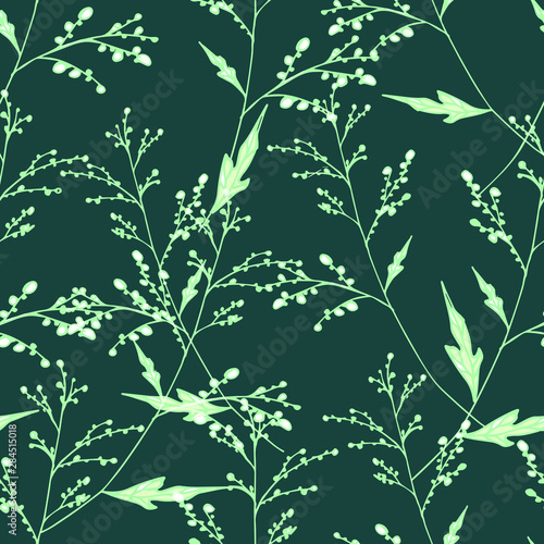 Obraz na plátně Editable dark green vector endless texture with thin twigs for fabric and decoration