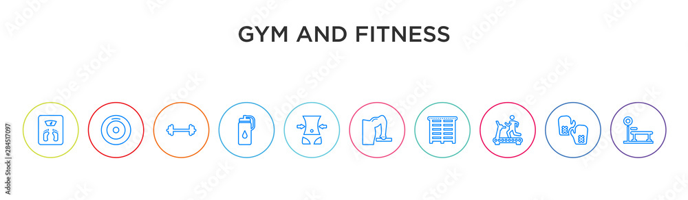 gym and fitness concept 10 outline colorful icons gym and fitness concept 10 outline colorful icons