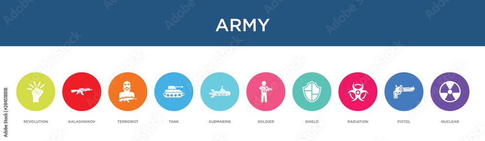 army concept 10 colorful icons army concept 10 colorful icons