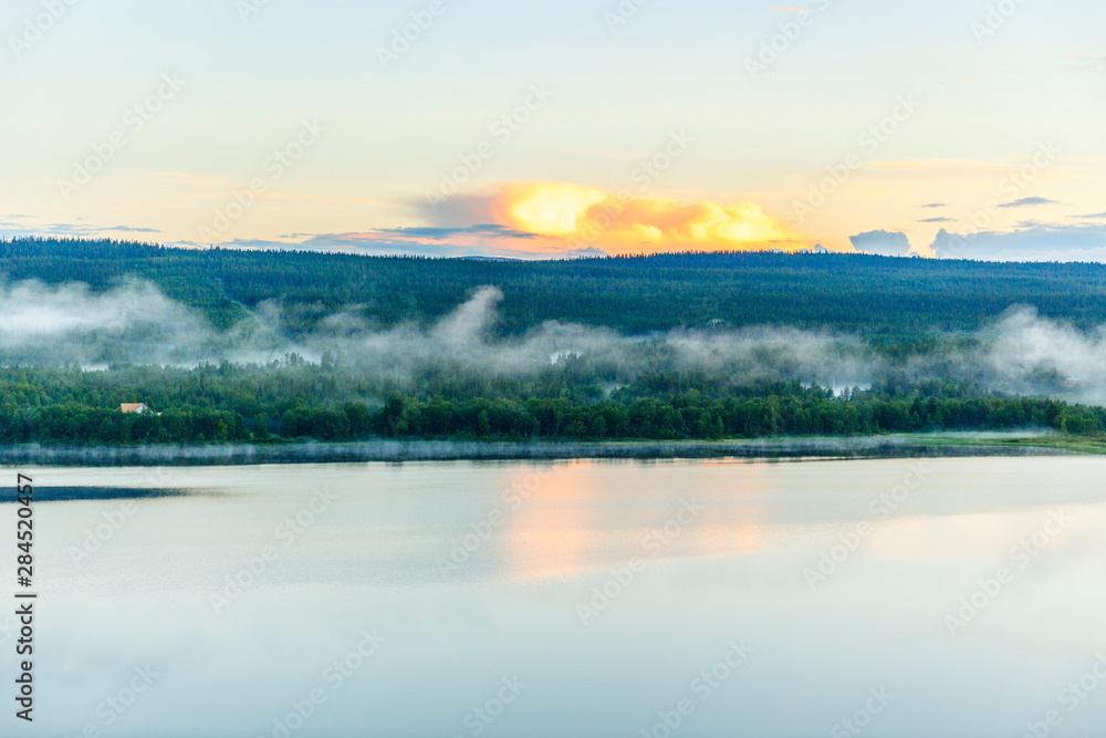 Obraz premium Misty vapor at a lake in a forest at dusk