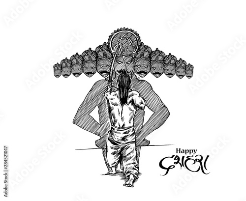 Dussehra celebration - Ravana with ten heads, Hand Drawn Sketch Vector illustration.