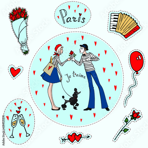 Vector set of stickers in french style. Paris , couple in love, accordion, red hearts, roses