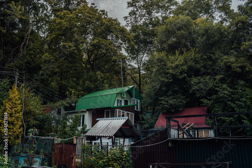 Village house in the forest in cloudy weather. Country house. Residential building in the middle of the forest. House built outside the city. Russian house in the village. © Anton Dios