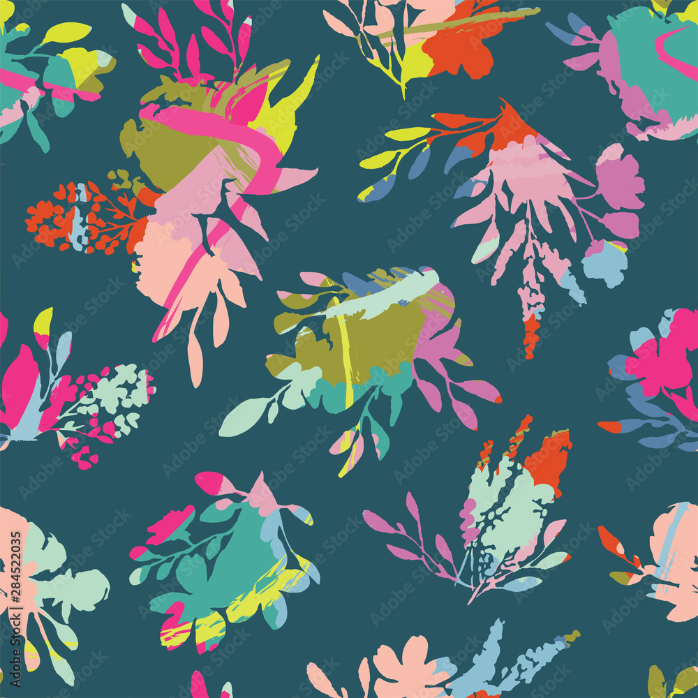 Seamless pattern with colorful flowers and leaves. Peonies, wildflowers, poppies. Abstract floral spring, summer pattern. Bright, juicy background for a wedding, fabrics, packaging.