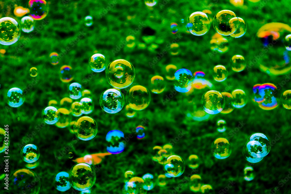 Beautiful abstract texture colorful pink and blue soap bubbles on the green and darkness background and wallpaper