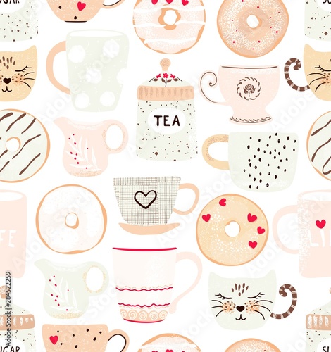 Cute romantic seamless pattern with coffee and tea cups, glazed donuts and hearts. Vector background pastel colors in vintage flat style.