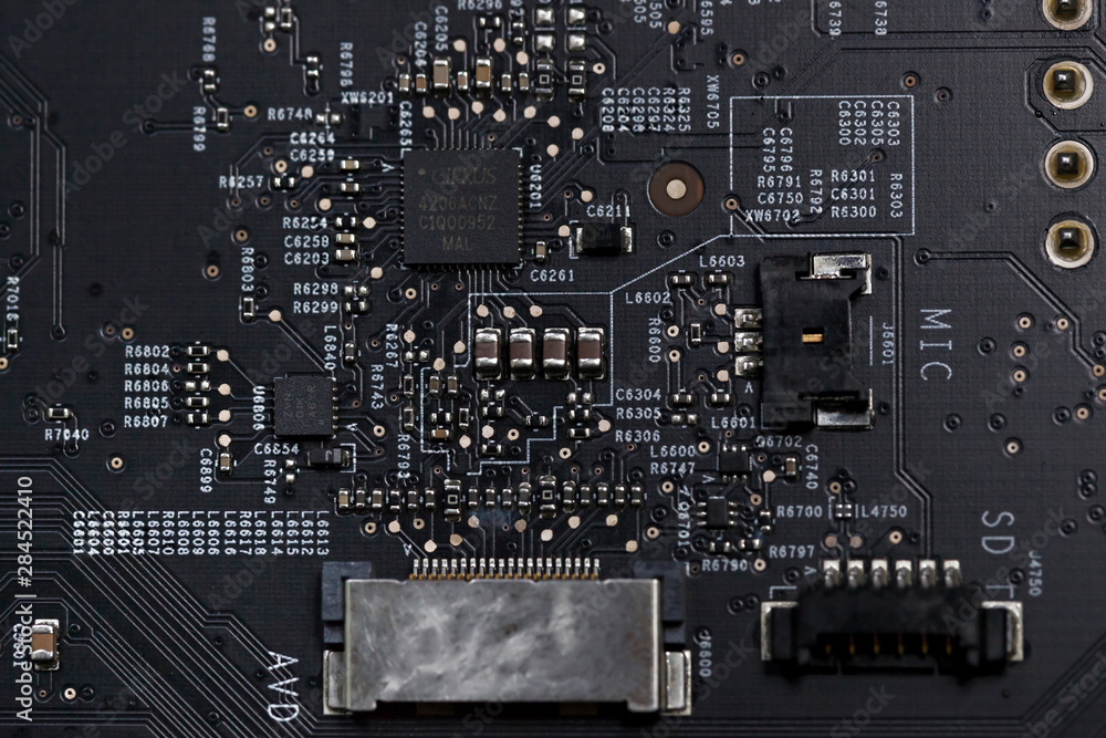Close up of an electric circuit board. Microelectronics engineering technology