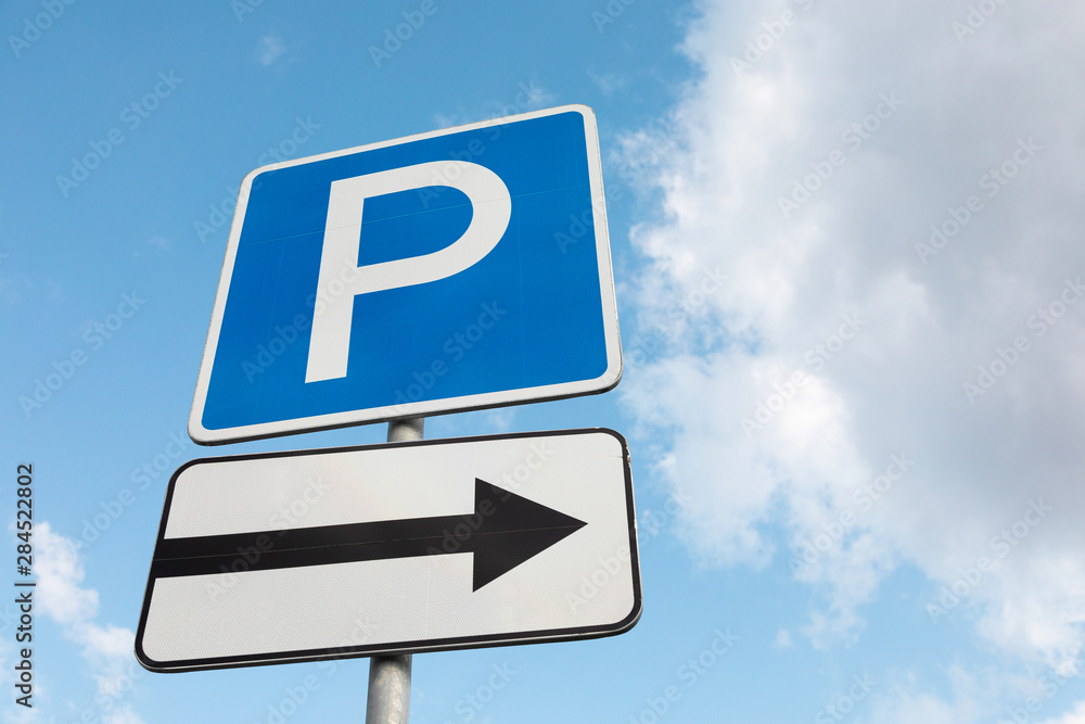 Close-up of Roadsign Parking lot on right Close-up of Roadsign Parking lot on right