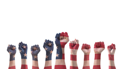 Labor day celebration concept with USA national flag on American people clenched fist hand (isolated with clipping path) for United States of America happy national holiday