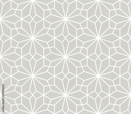 Modern simple geometric vector seamless pattern with white flowers, line texture on grey background. Light gray abstract floral wallpaper, bright tile ornament