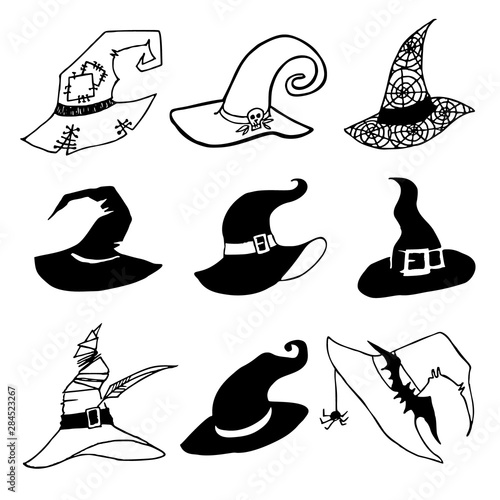 Hat for halloween. Witch hats with straps and buckles set isolated on white background. Collection of halloween silhouettes, elements for decorations. icons, sticker. Vector illustration