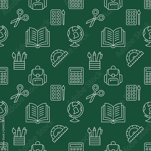 School supplies seamless pattern with line icons. Study tools background - globe, calculator, book, scissors vector illustration. Green, white wallpaper for stationery sale brochure