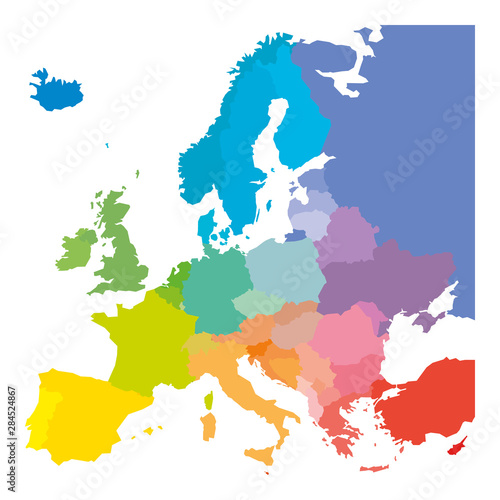 Map of Europe in colors of rainbow spectrum. With European countries names