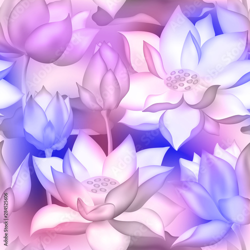 Lotus buds and flowers seamless textile print., Water lilly nelumbo aquatic plant floral graphic design.