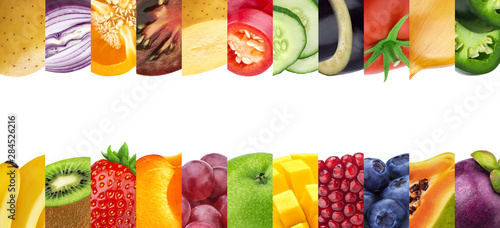 Fototapeta Naklejka Na Ścianę i Meble -  Wide collage of different fruits and vegetables isolated on white background with copy space