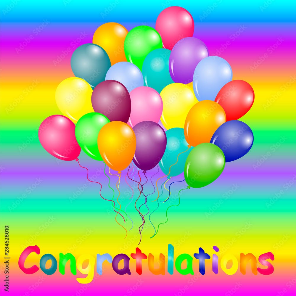 Bunch of balloons on rainbow background. Holiday background. Design template for flyer, poster, sign, sale banner, web, postcard, birthday celebration. Vector illustration. Bunch of balloons on rainbow background. Holiday background. Design template for flyer, poster, sign, sale banner, web, postcard, birthday celebration. Vector illustration.