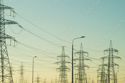 Power line posts. high voltage tower on the sky background