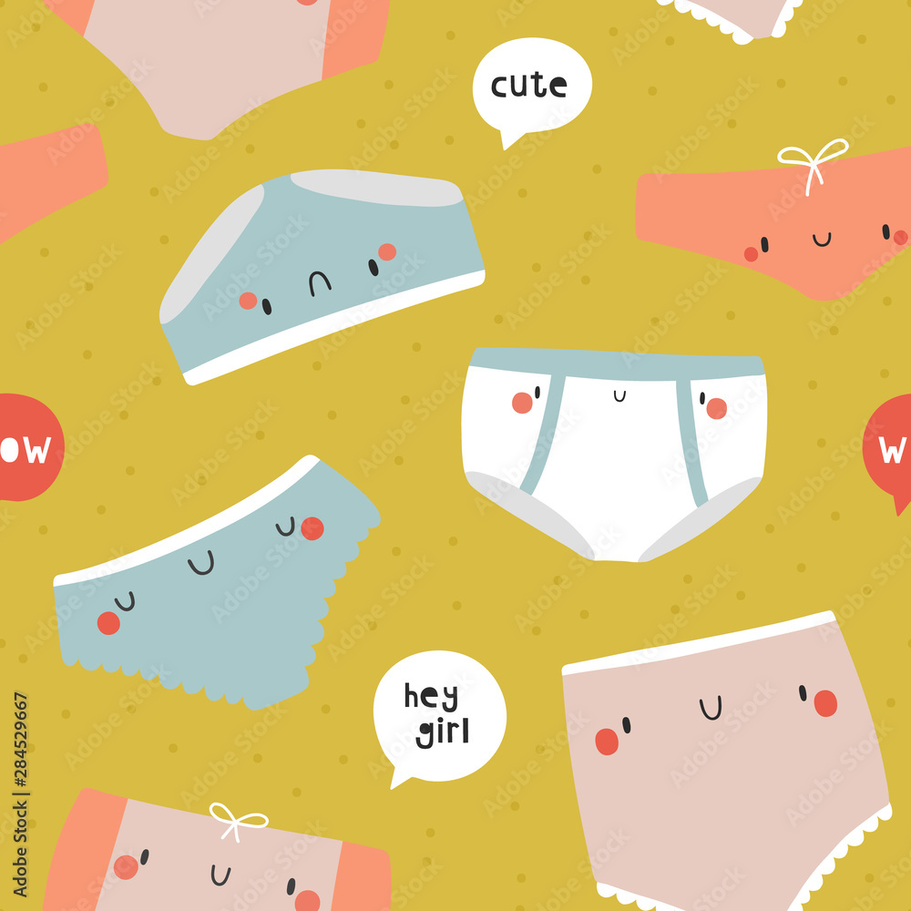 Seamless pattern with Cute Lingerie and Speech Bubbles. Vector Positive Period texture. Pattern with hand drawn Smiley Pants. Seamless pattern with Cute Lingerie and Speech Bubbles. Vector Positive Period texture. Pattern with hand drawn Smiley Pants.