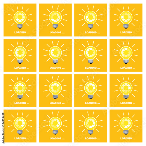 Light bulb with rotating preloader inside animation sprite sheet on yellow background