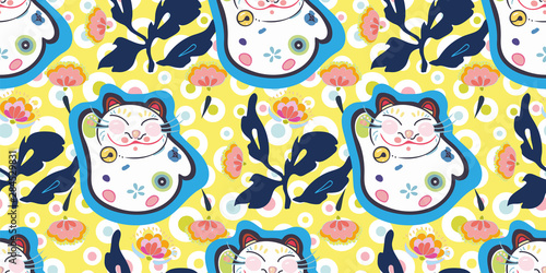 Yellow vector repeat pattern with happy maneki neko cat, pastel dot and pink folk art florals. Japan inspired pattern. Perfect for paper and textile projects or events.