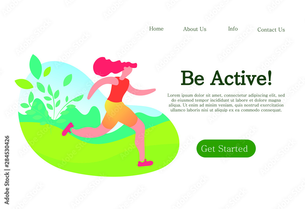 Sport Training Outdoors. Be Active and Healthy Vector Illustration. Cartoon Girl Cycling, Running, Ride Bicycle. Meditation Yoga Sport Exersice. Park Tree Nature.