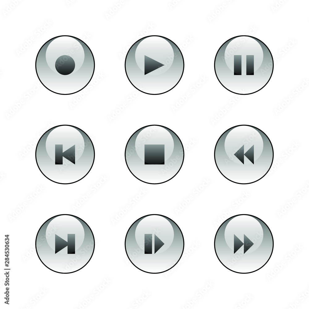Play buttons vector design. Record player glass buttons Play buttons vector design. Record player glass buttons