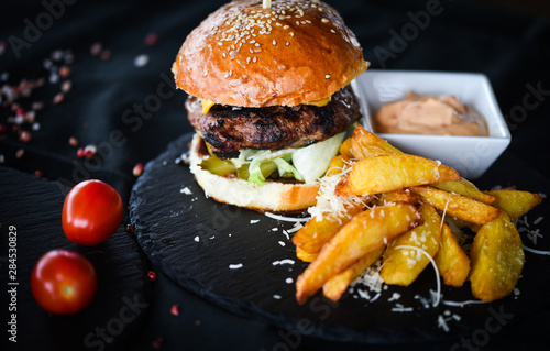 home made burger with french fries