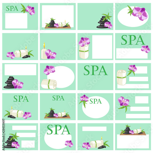 Set of twenty business cards in delicate colors with wellness center symbols