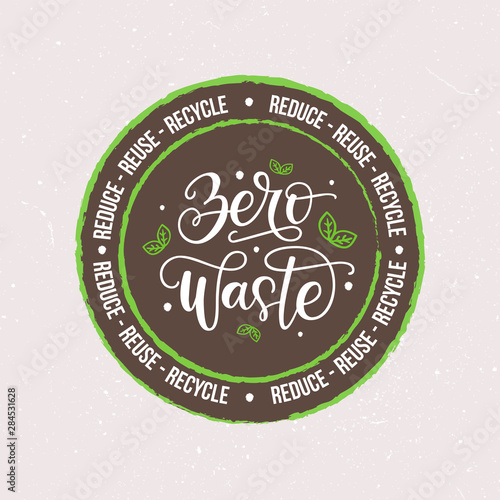 Zero waste vector logo isolated on textured background. Eco friendly lifestyle, sustainable development emblem design with hand drawn lettering typography. Reduce, reuse, recycle concept illustration