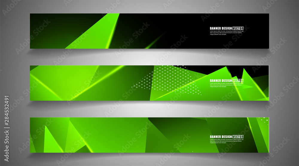Fototapeta premium set the triangle background light header banner. Abstract composition of 3D triangles. Modern geometric green backgrounds isolated black