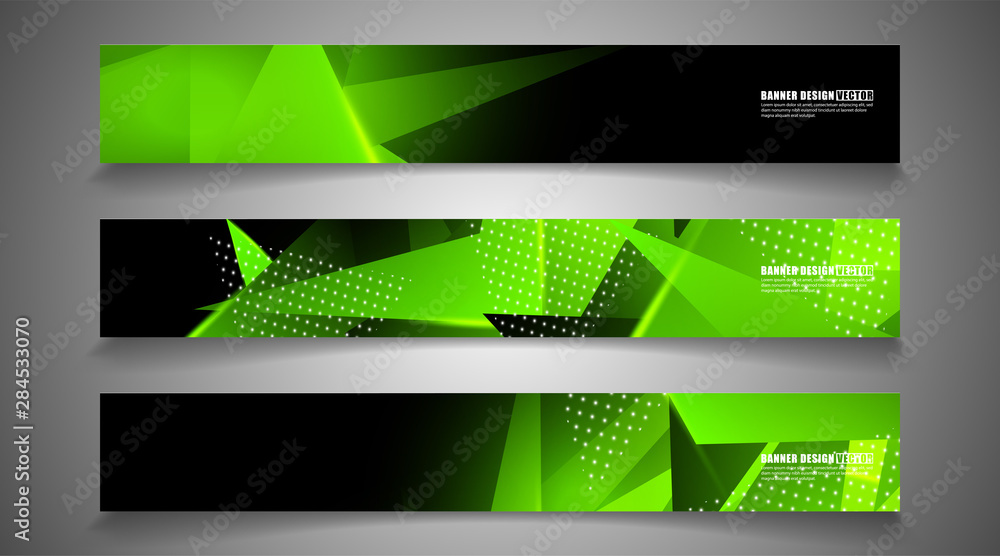 Fototapeta premium set the triangle background light header banner. Abstract composition of 3D triangles. Modern geometric green backgrounds isolated black