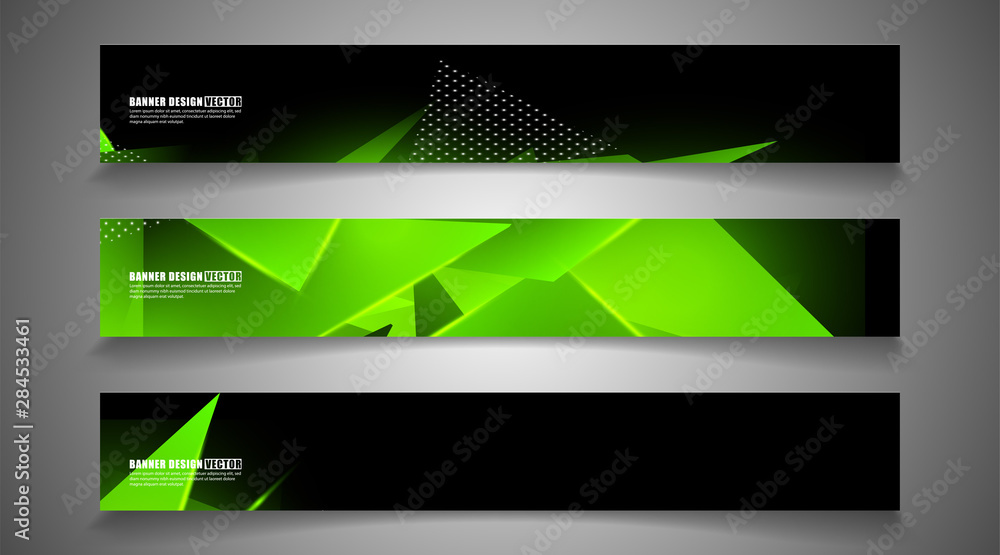 set the triangle background light header banner. Abstract composition of 3D triangles. Modern geometric green backgrounds isolated black