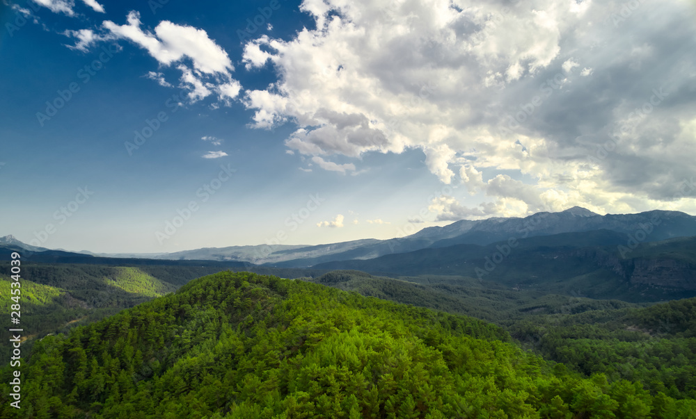 Beautiful landscape with trees and clouds in mountains