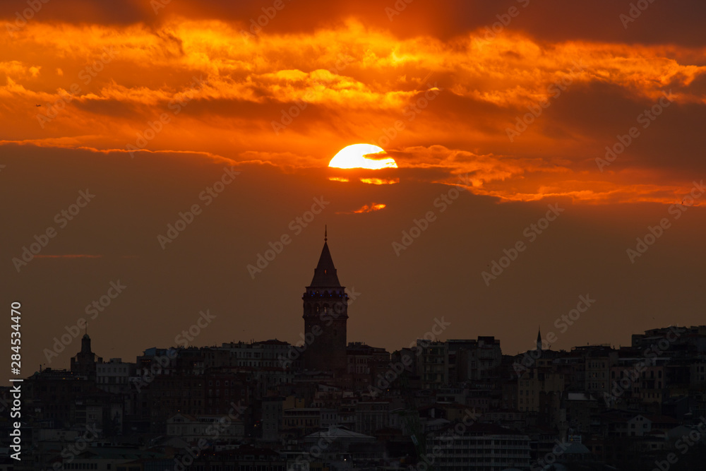 silhouette of galata tower at sunset in Istanbul