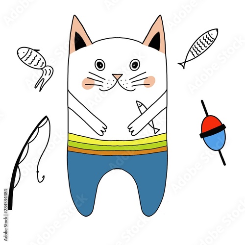 Cute cat fisherman. Children's illustrations. itemset photo