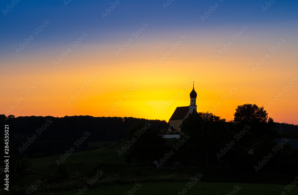 Church of the Assumption in the sunset, Jenhausen, Bavaria, Germany