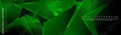 Triangular background. Abstract composition of 3D triangles. The geometric background of modern green is insulated black