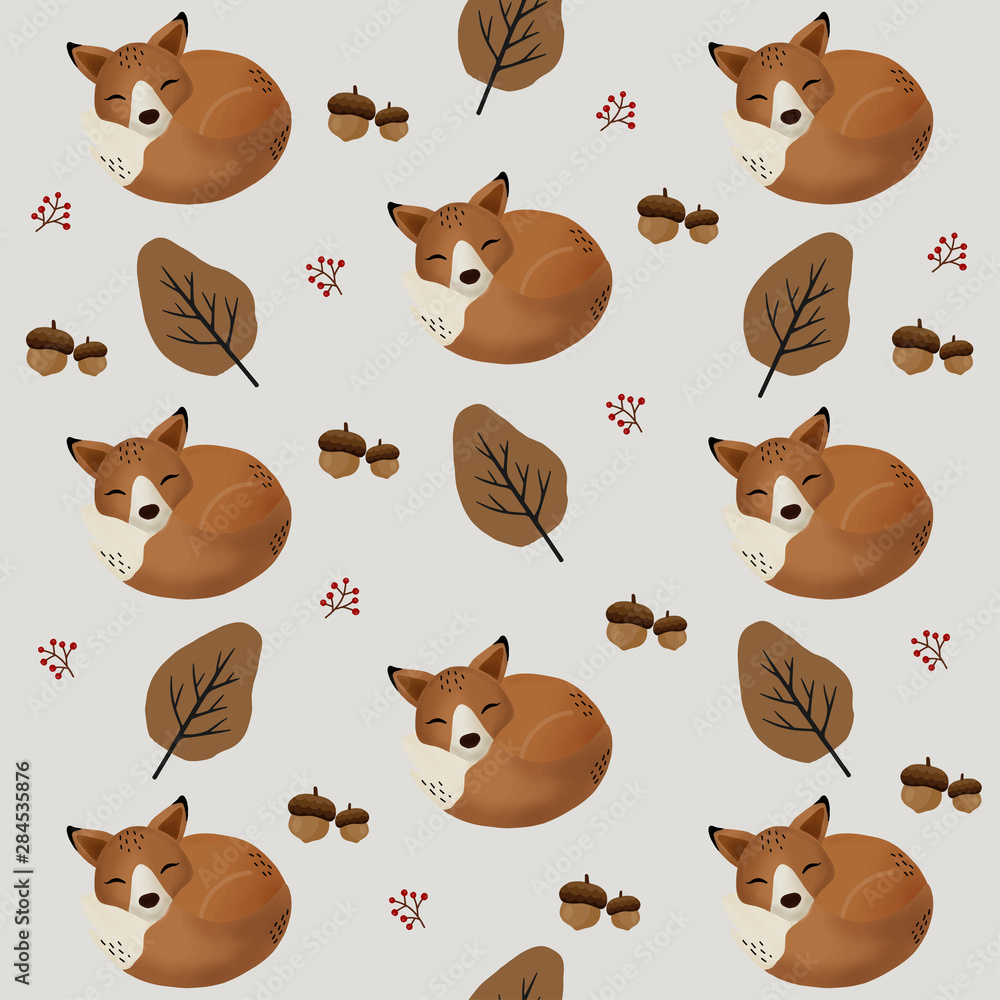 Obraz premium Autumn forest pattern with cute foxes.