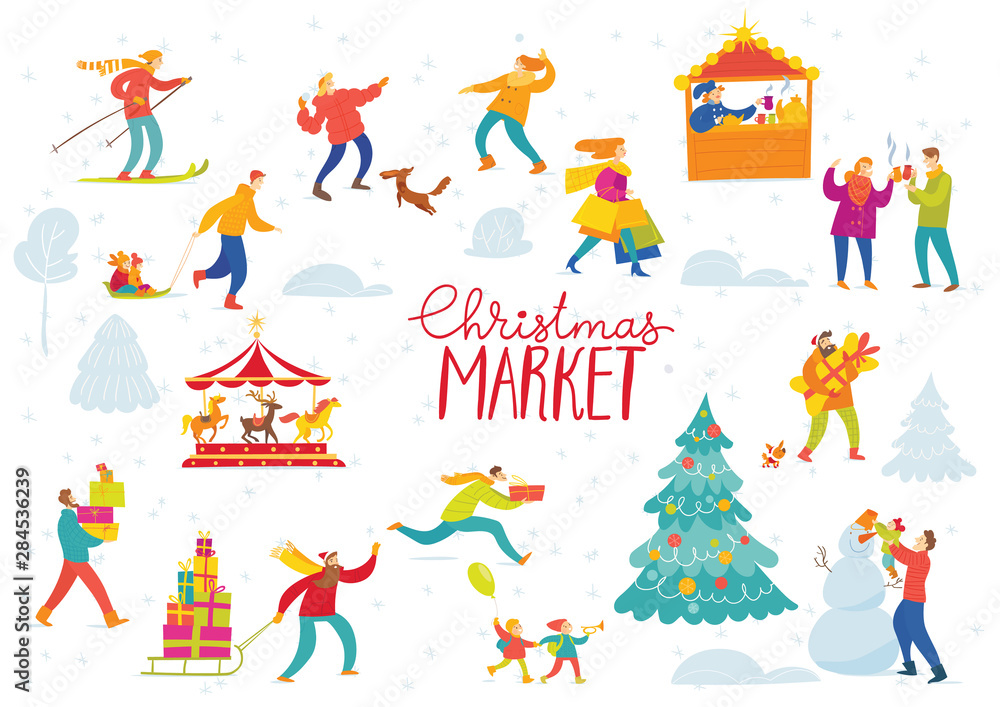 Naklejka premium Cute Vector Christmas winter market design for holiday with shopping and active people