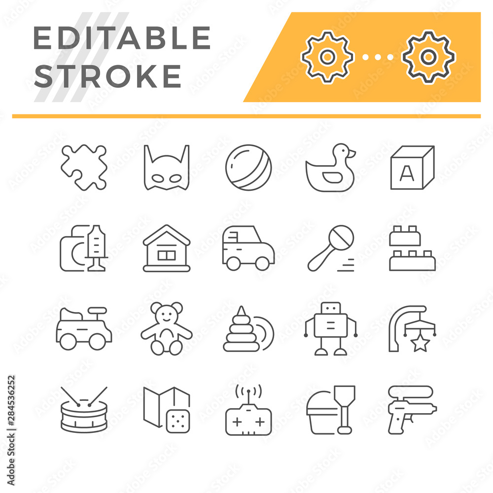 Set editable stroke line icons of toys