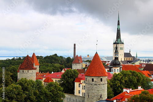 Tallinn city wall and St. Olaf's Church view. Aerial view of Tallinn skyline, Estonia