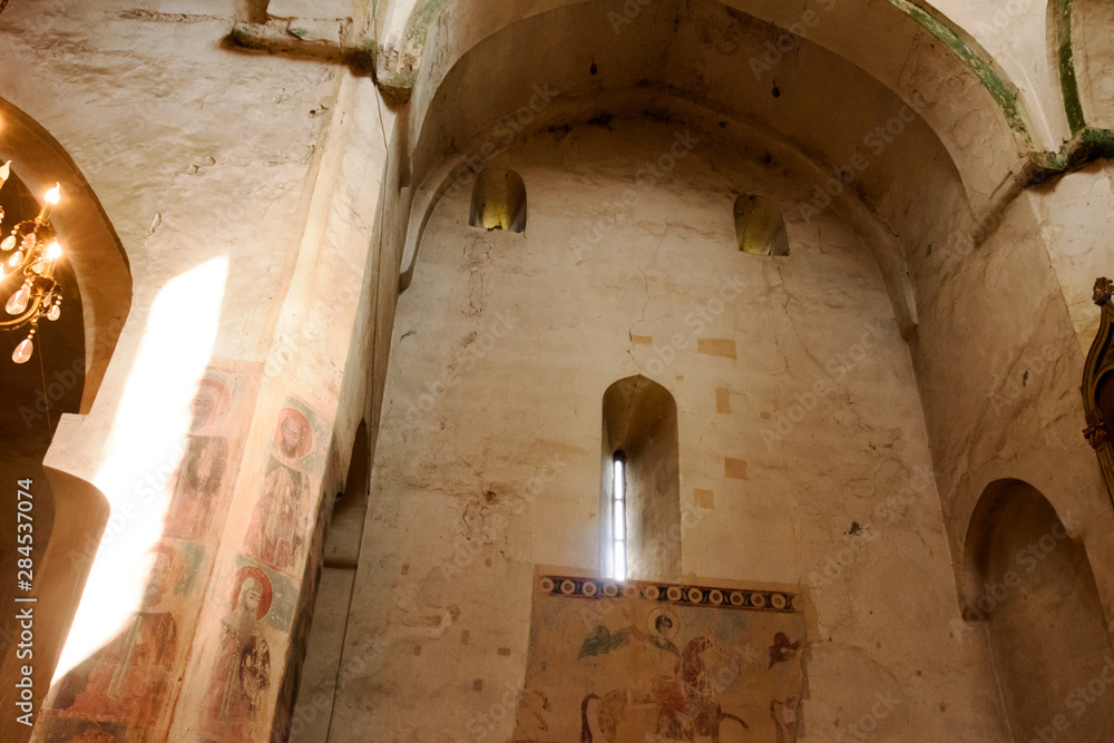 Ananuri, Georgia - May,03 2019: Fragment interior of Temple Assumption of Blessed Virgin Mary in Ananuri fortress, Georgia